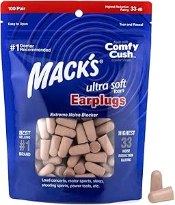 Mack's Ultra Soft Foam Earplugs, 100 Pair Bag - 33dB Highest NRR, Comfortable Ear Plugs for Sleeping, Snoring, Travel, Concerts, Studying and Loud Noise | Made in USA