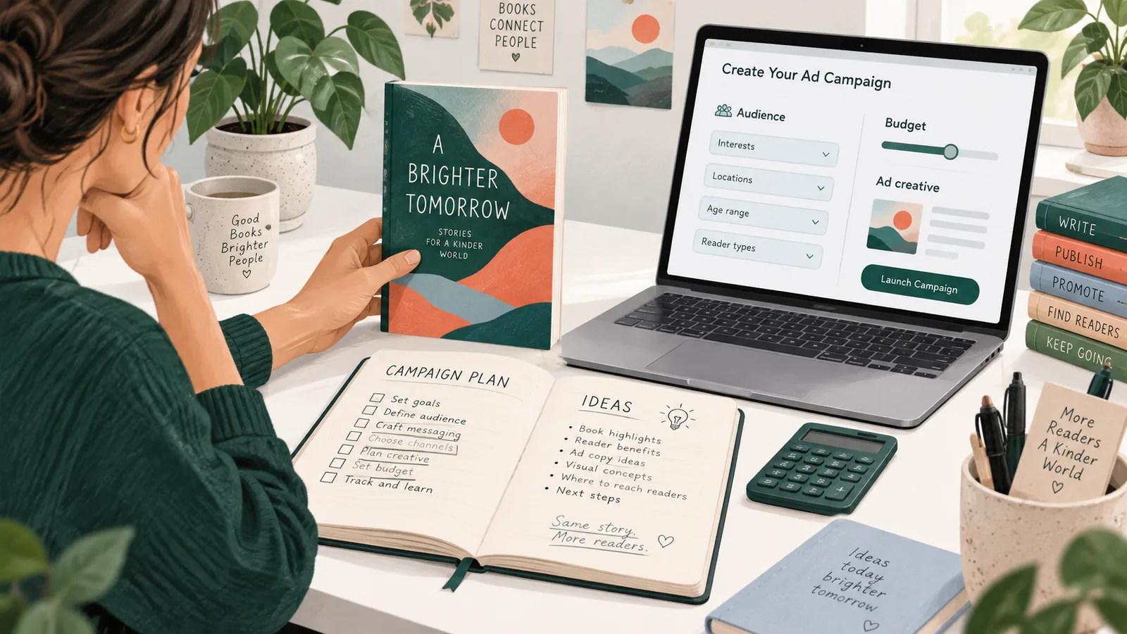 One paperback, a campaign notebook and a simplified advertising setup illustrating a controlled first book-ad test
