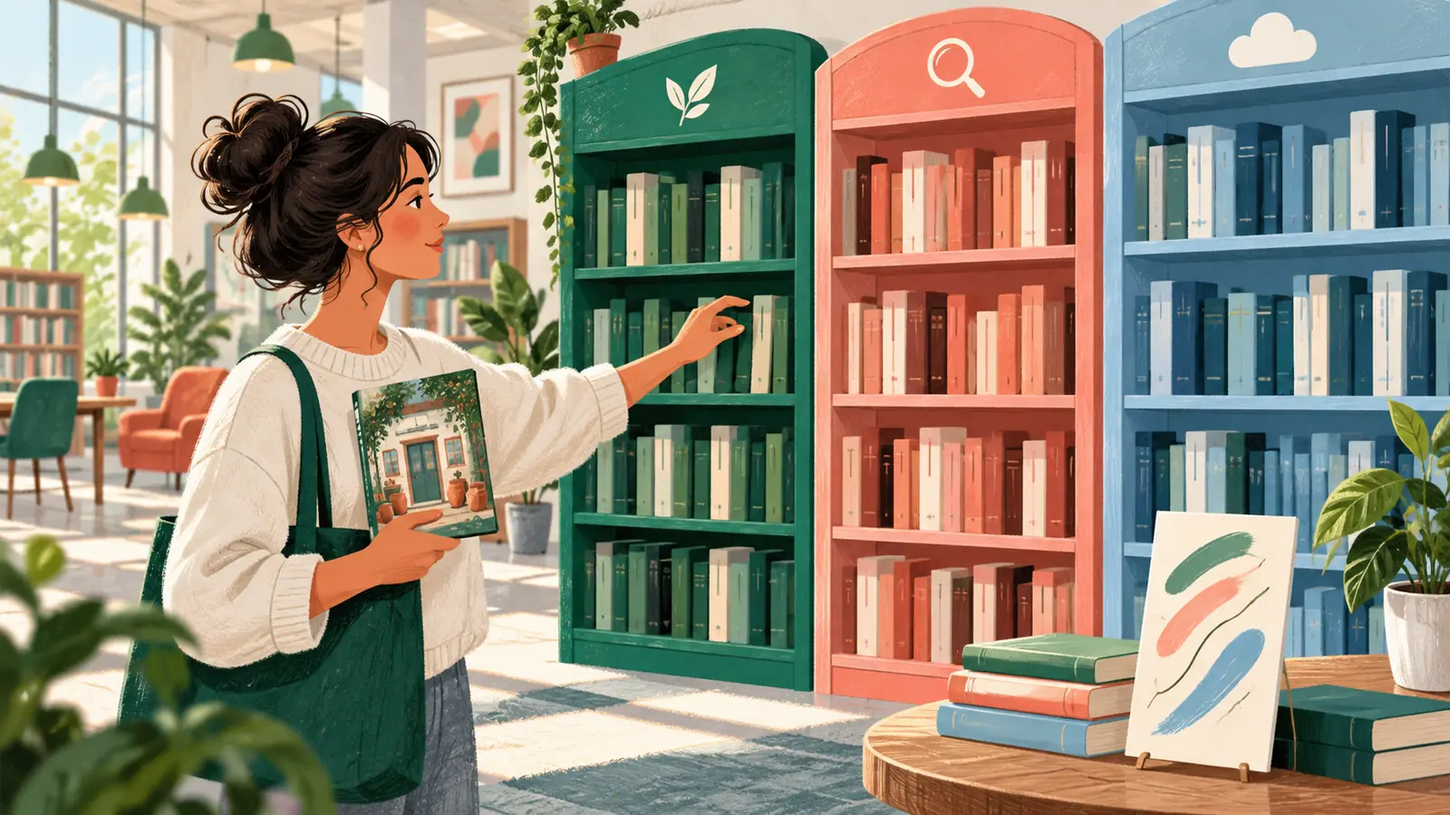 A reader chooses among distinct book shelves while holding a book with a matching reading promise