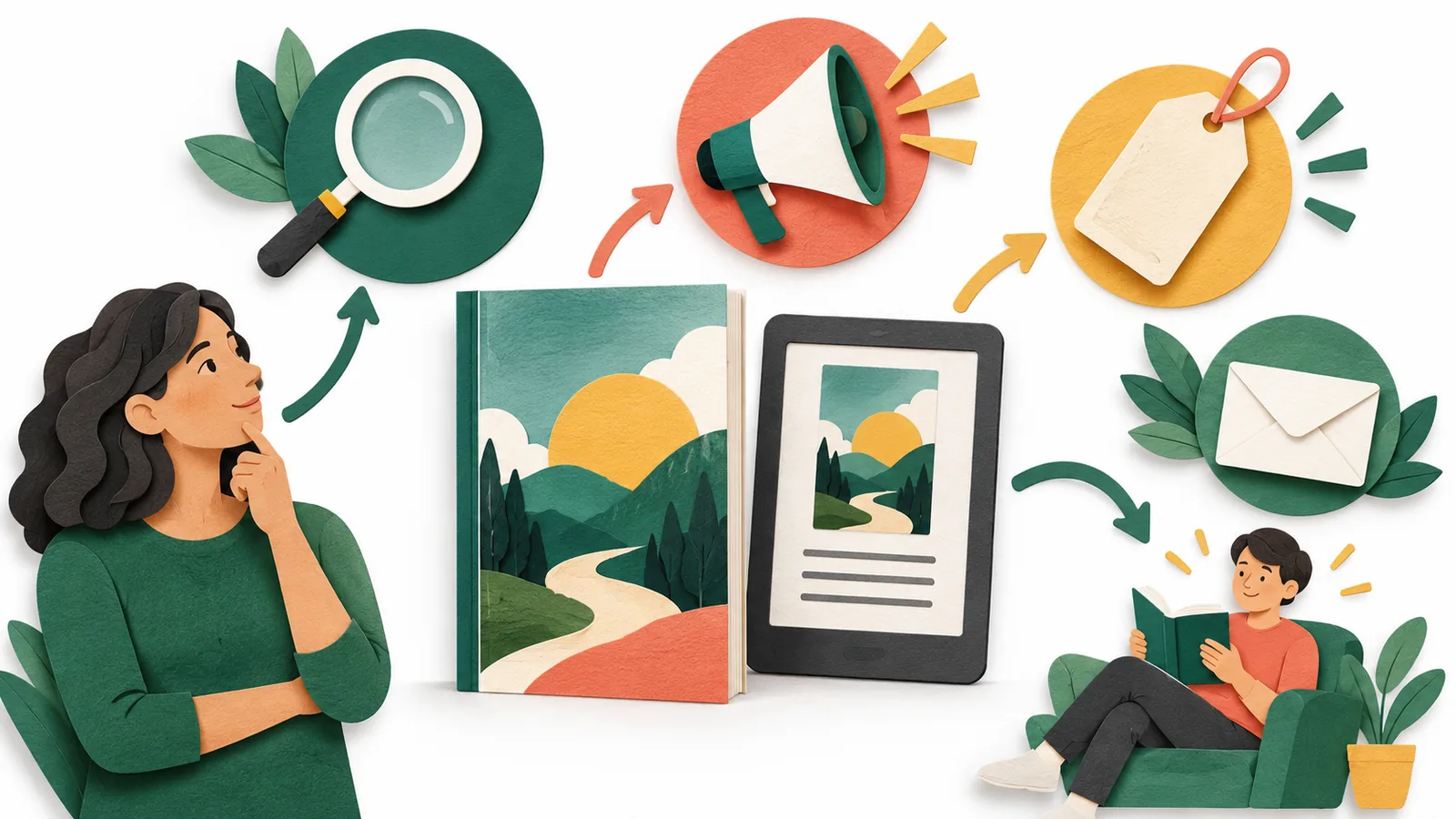 A paperback and e-reader surrounded by search, advertising, price promotion and reader outreach symbols