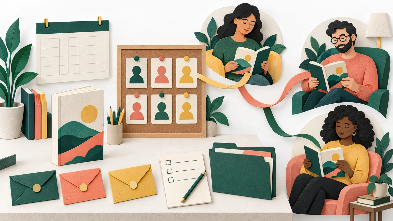 An organized advance-reader workbench with a calendar, delivery envelopes, reader cards and independent readers