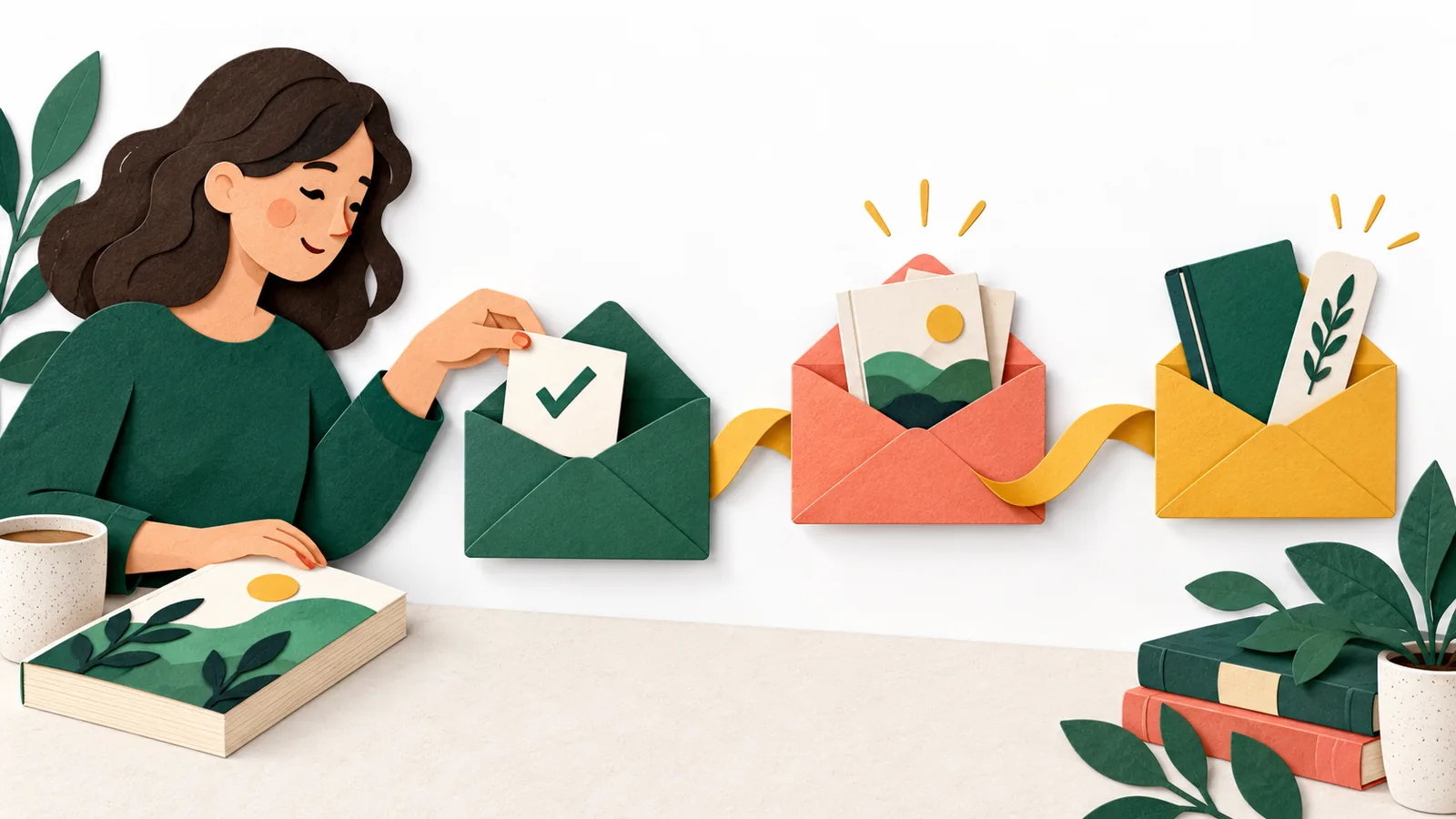 A reader choosing to subscribe beside three envelopes representing a simple author welcome sequence