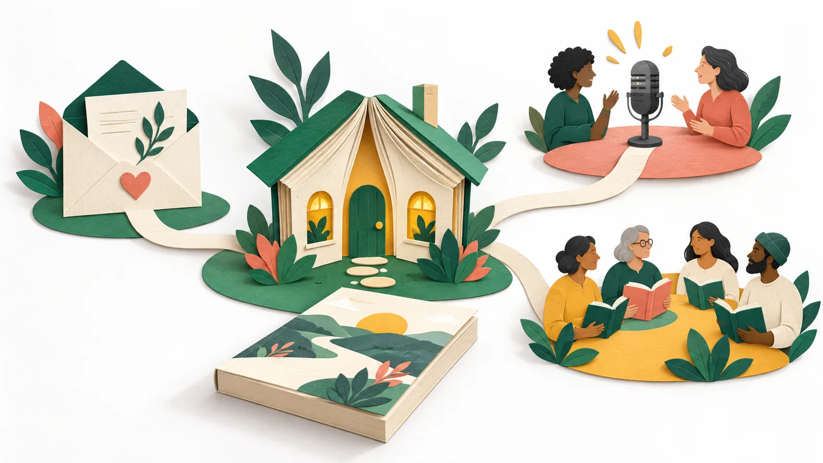 An author's book-shaped home base connected to a newsletter, a partner conversation and a small reader group