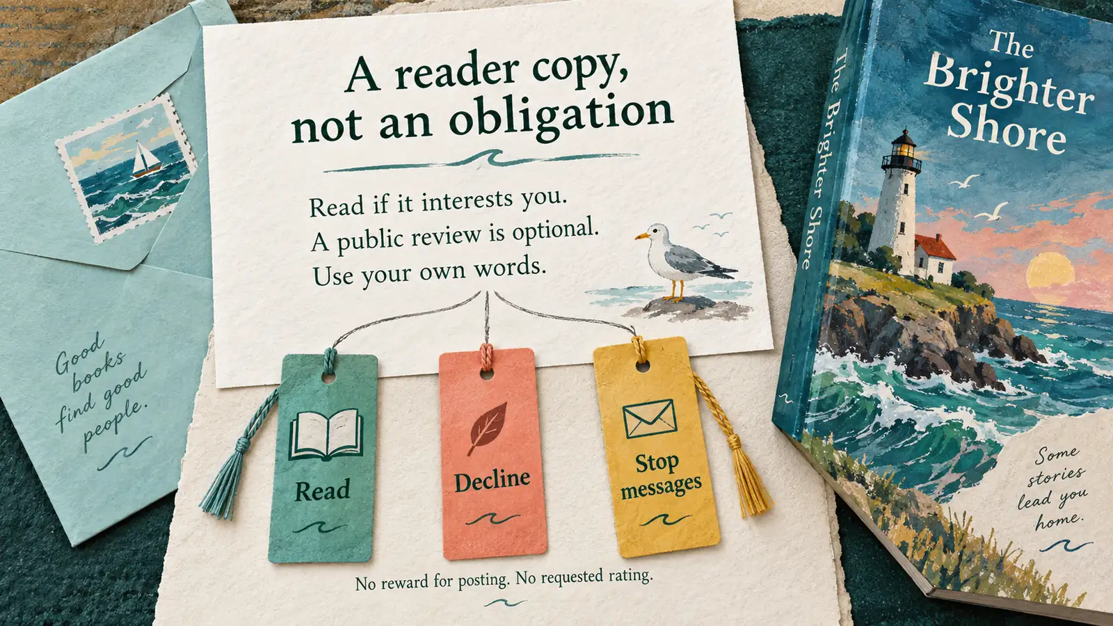 A fictional reader-copy invitation leaves reading, declining and stopping messages open without a rating request or posting reward