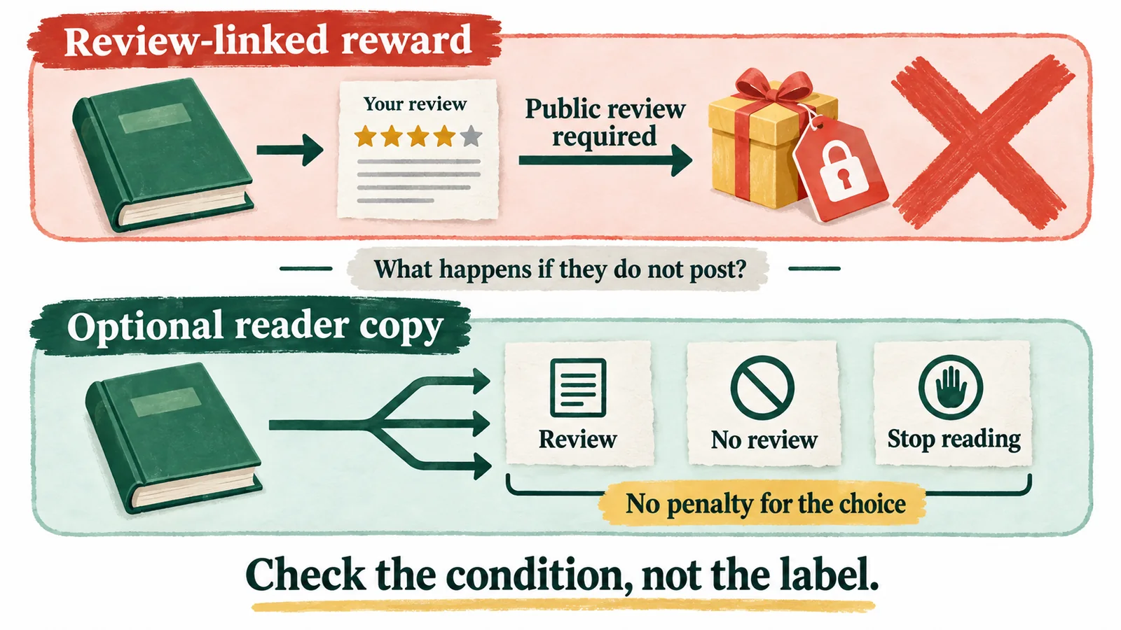 An obligation audit contrasts a reward unlocked by a public review with a reader copy that permits declining without a penalty