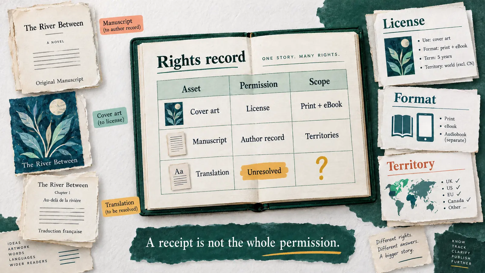 A fictional rights register separates cover-art licensing, manuscript records and unresolved translation permission