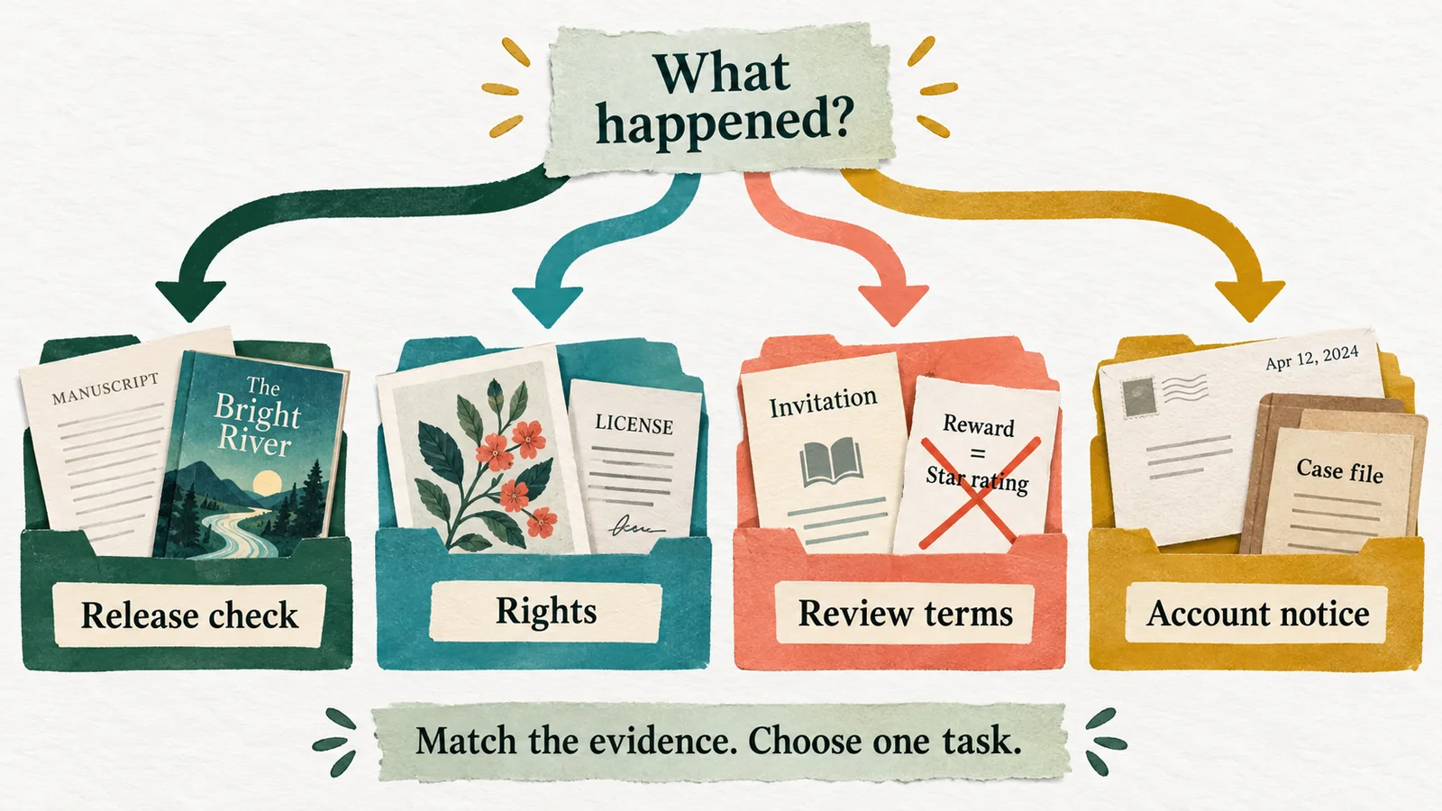 A decision map branches from observed evidence into release checks, asset rights, review terms and account notices