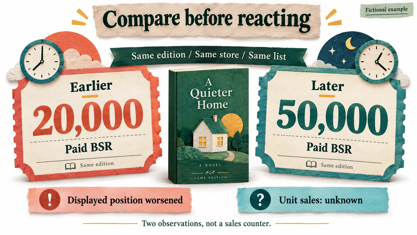 Two fictional Paid BSR observations for the same edition, store and list change from 20,000 to 50,000 while unit sales remain unknown