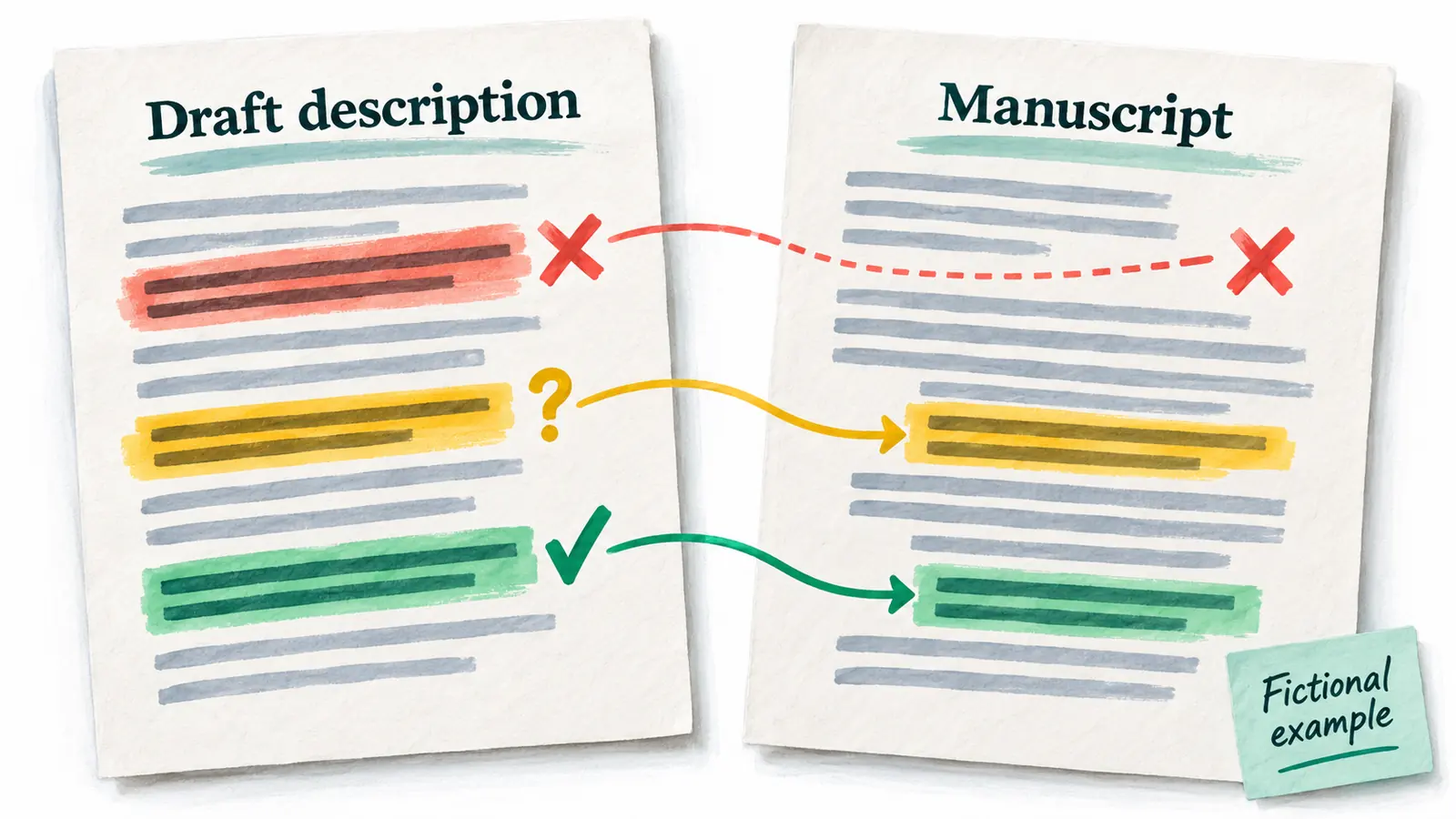 An annotated draft is checked against manuscript passages, separating unsupported, uncertain and supported claims.