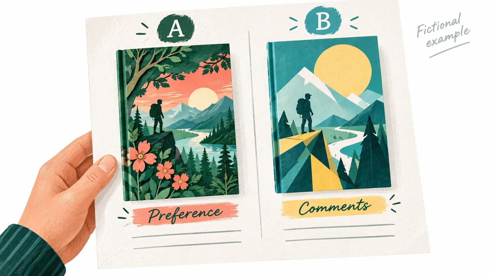 A reader compares two fictional adventure covers, with preferences and comments recorded separately.