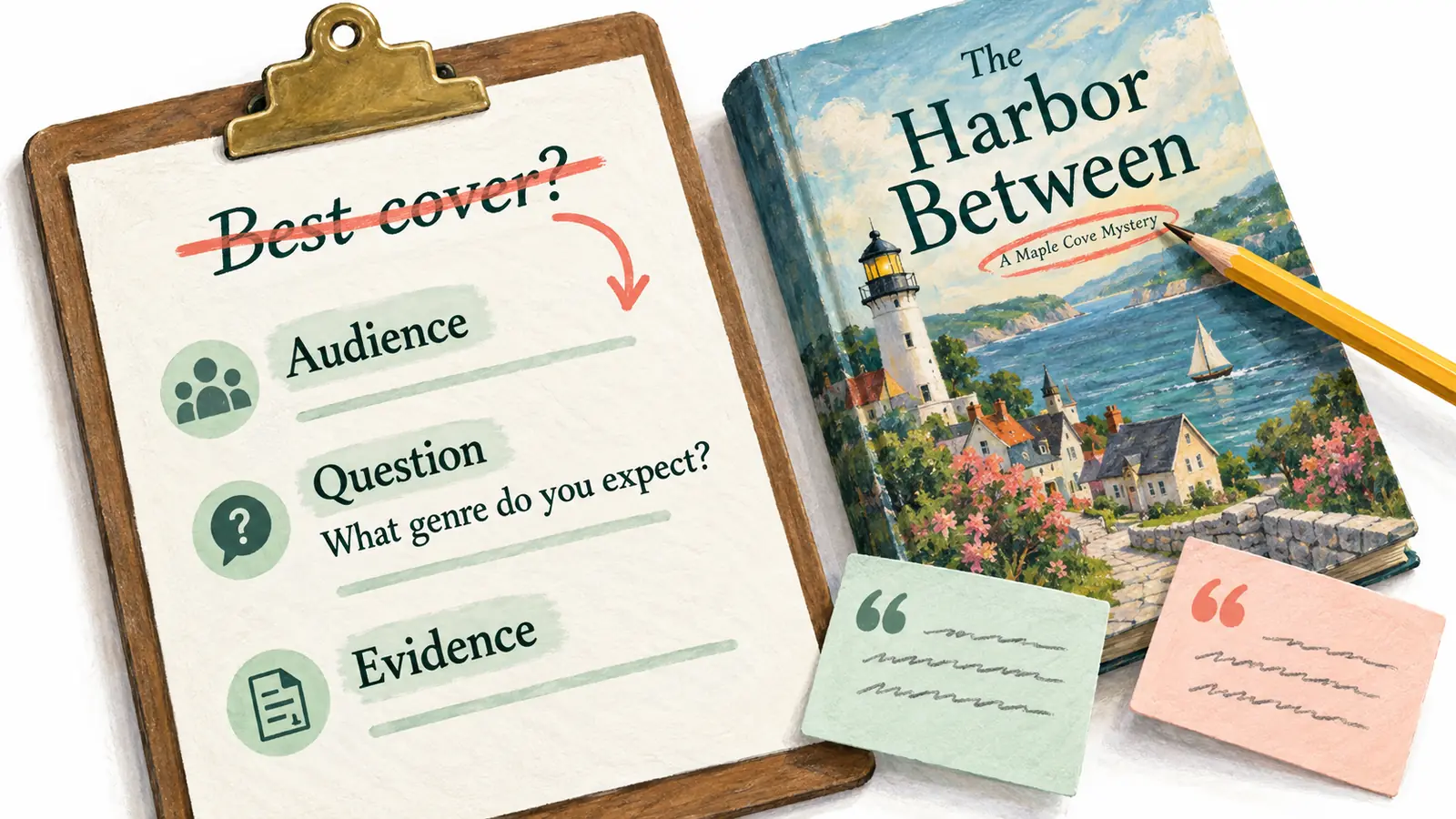 A feedback clipboard replaces Best cover with a neutral genre question beside a fictional mystery cover and reader comment cards.