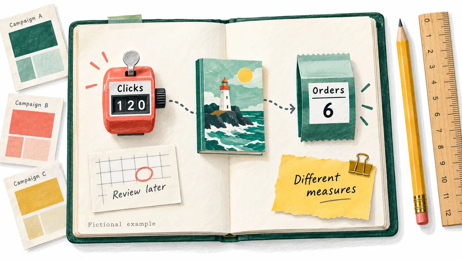A fictional campaign log separates a counter showing 120 clicks from a receipt showing six orders, with a reminder to review reporting later.