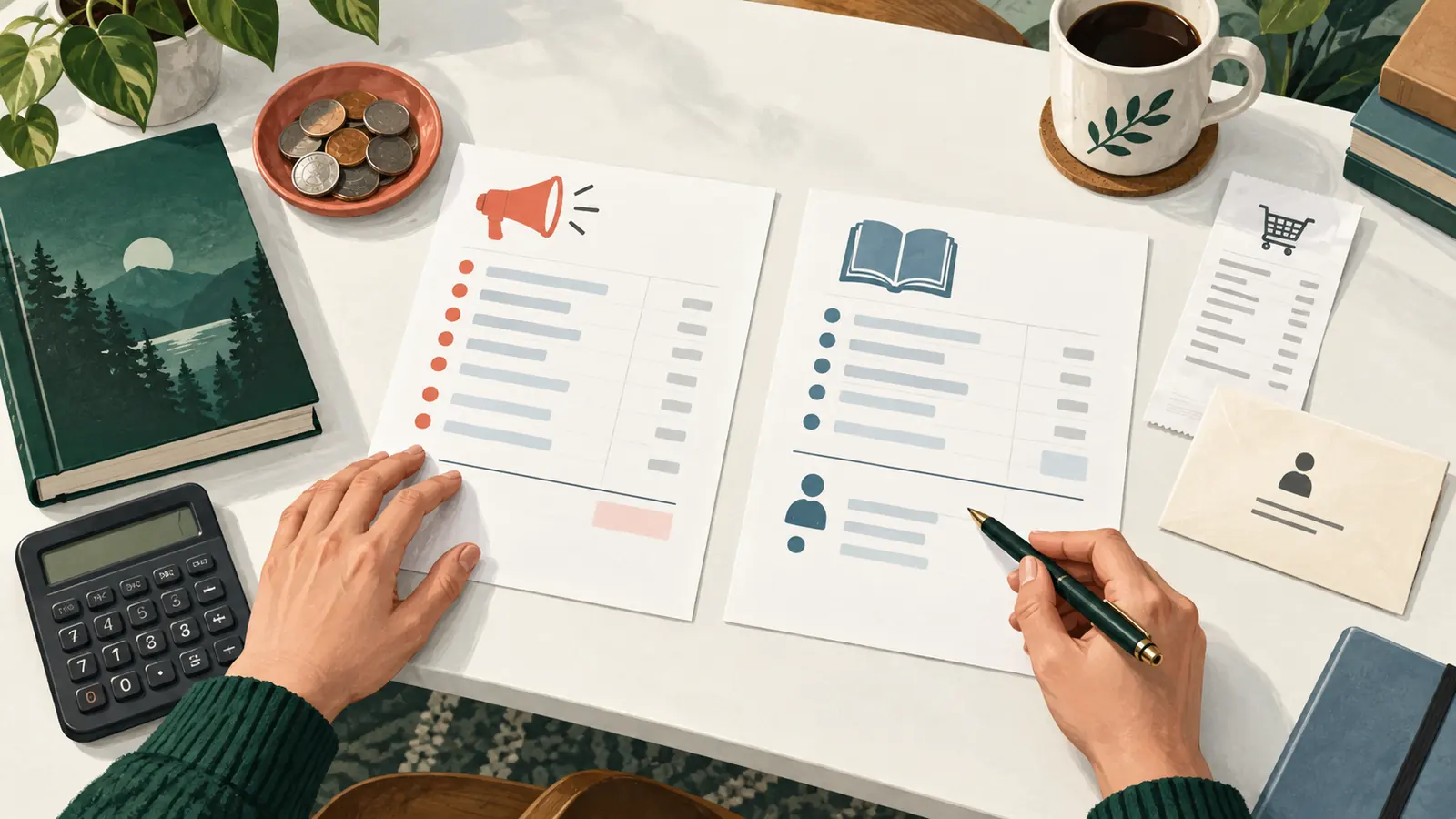 Separate advertising and book-sales ledgers beside a royalty envelope illustrating why retail sales and author earnings are different