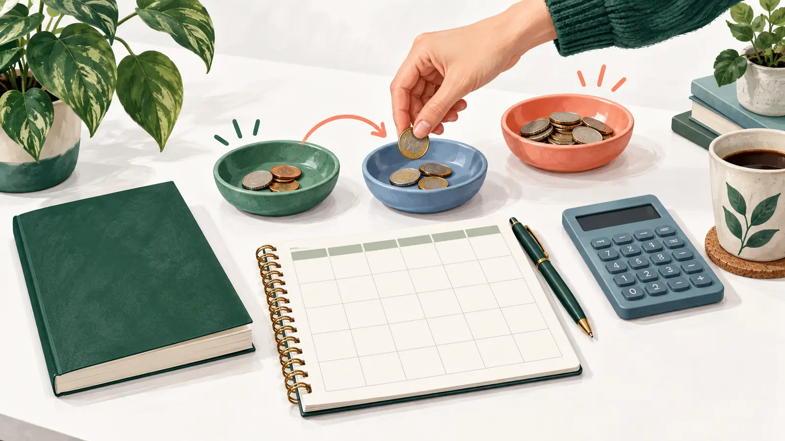 A book, monthly planner and separate coin dishes illustrating campaign allocations and a reserve that is not automatically spent