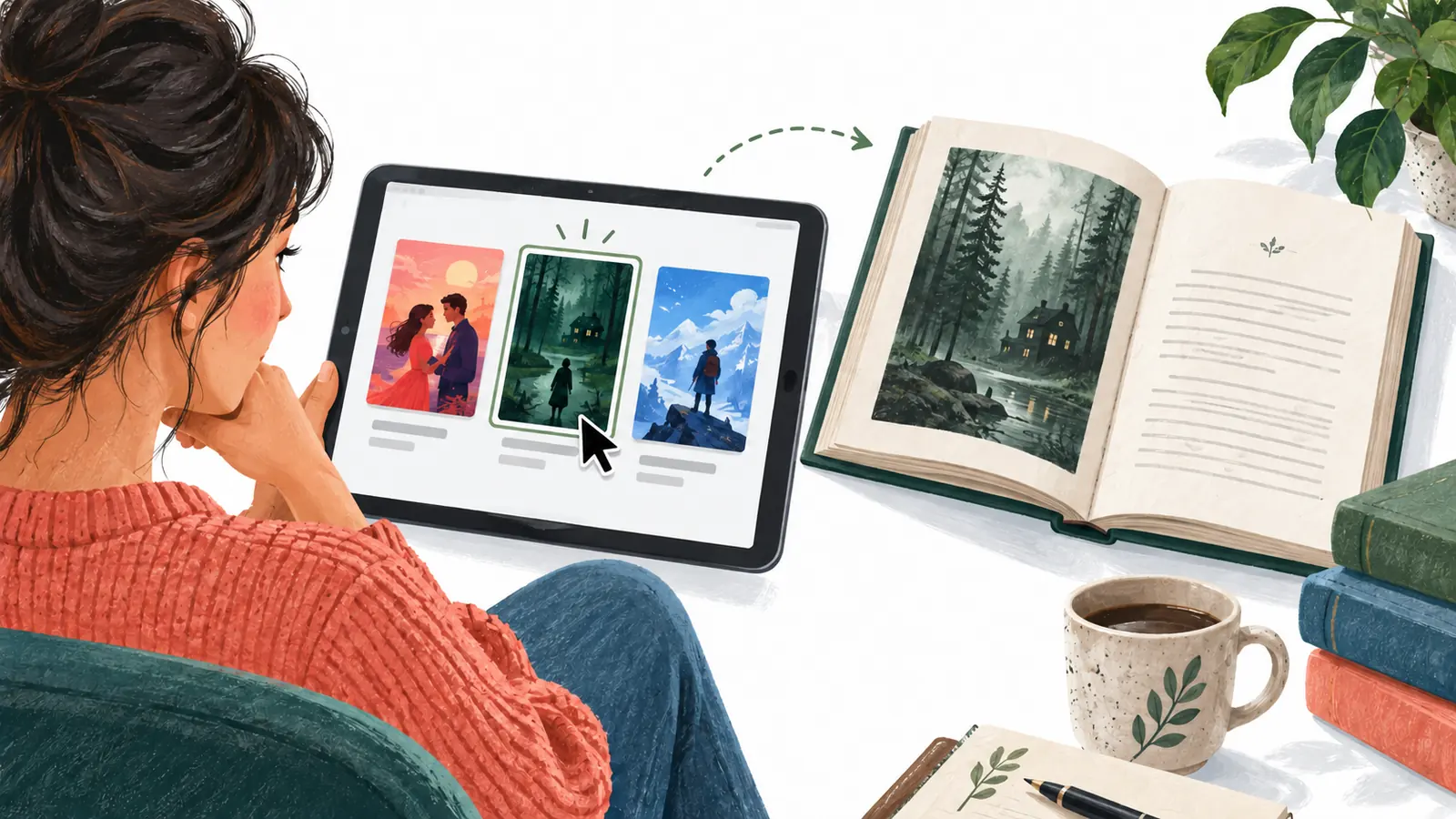 A reader selecting a genre-appropriate book thumbnail beside an open sample, illustrating the difference between a click and a later reading or purchase decision