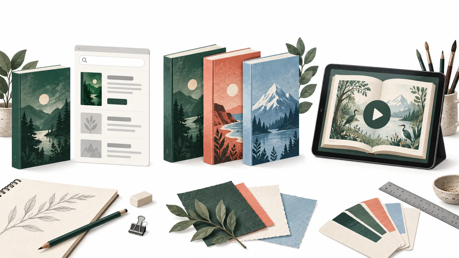 A single-book listing, a coordinated three-book collection and a video preview illustrating different book advertising creative needs