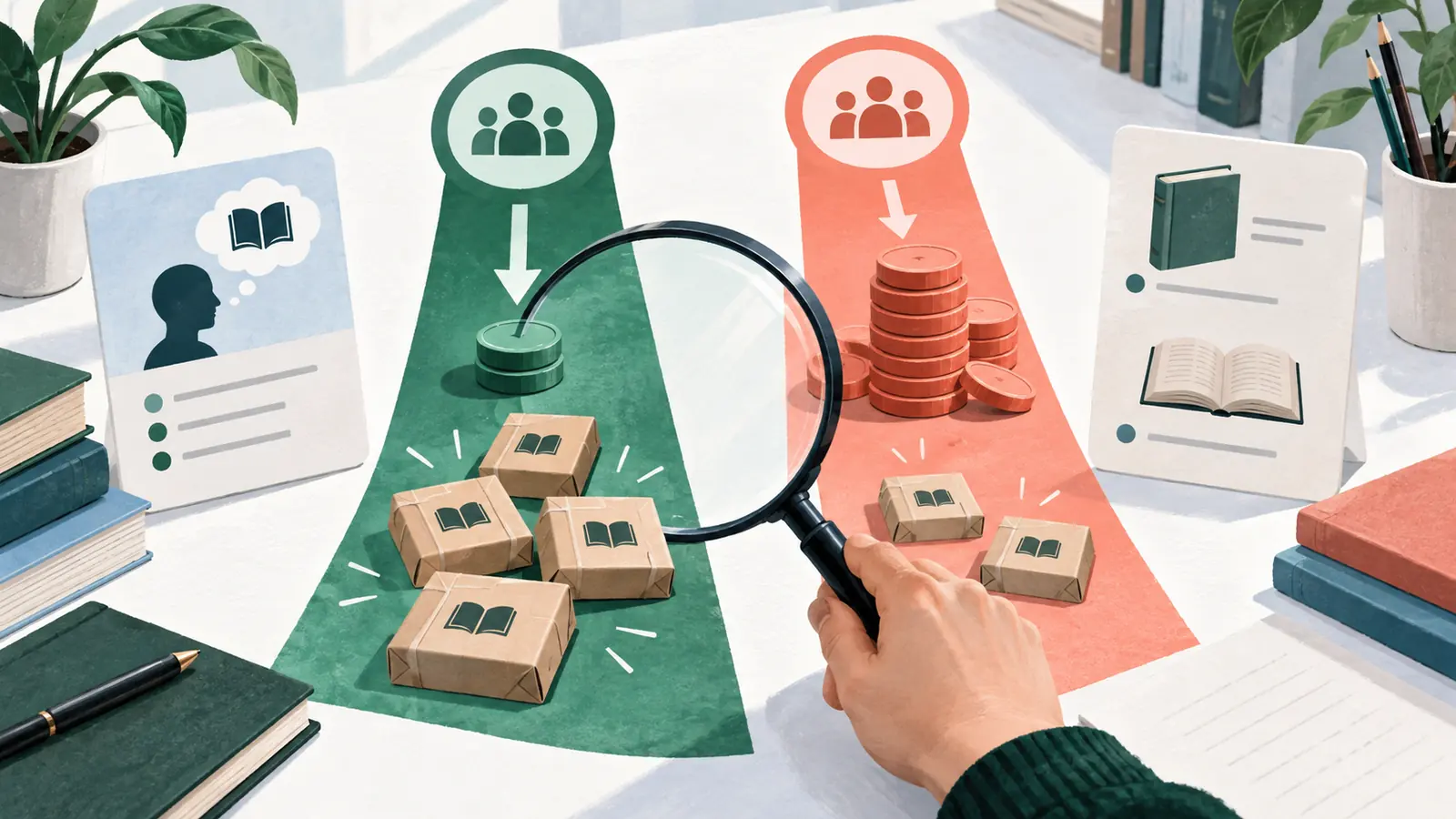 Two book-ad traffic channels with different spending and purchase outcomes under a magnifying glass