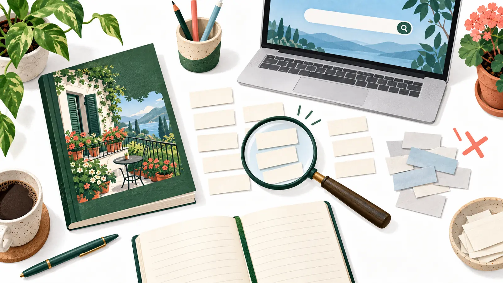 A gardening book and search workspace with grouped keyword slips, a magnifying glass and excluded ideas illustrating relevance-first targeting
