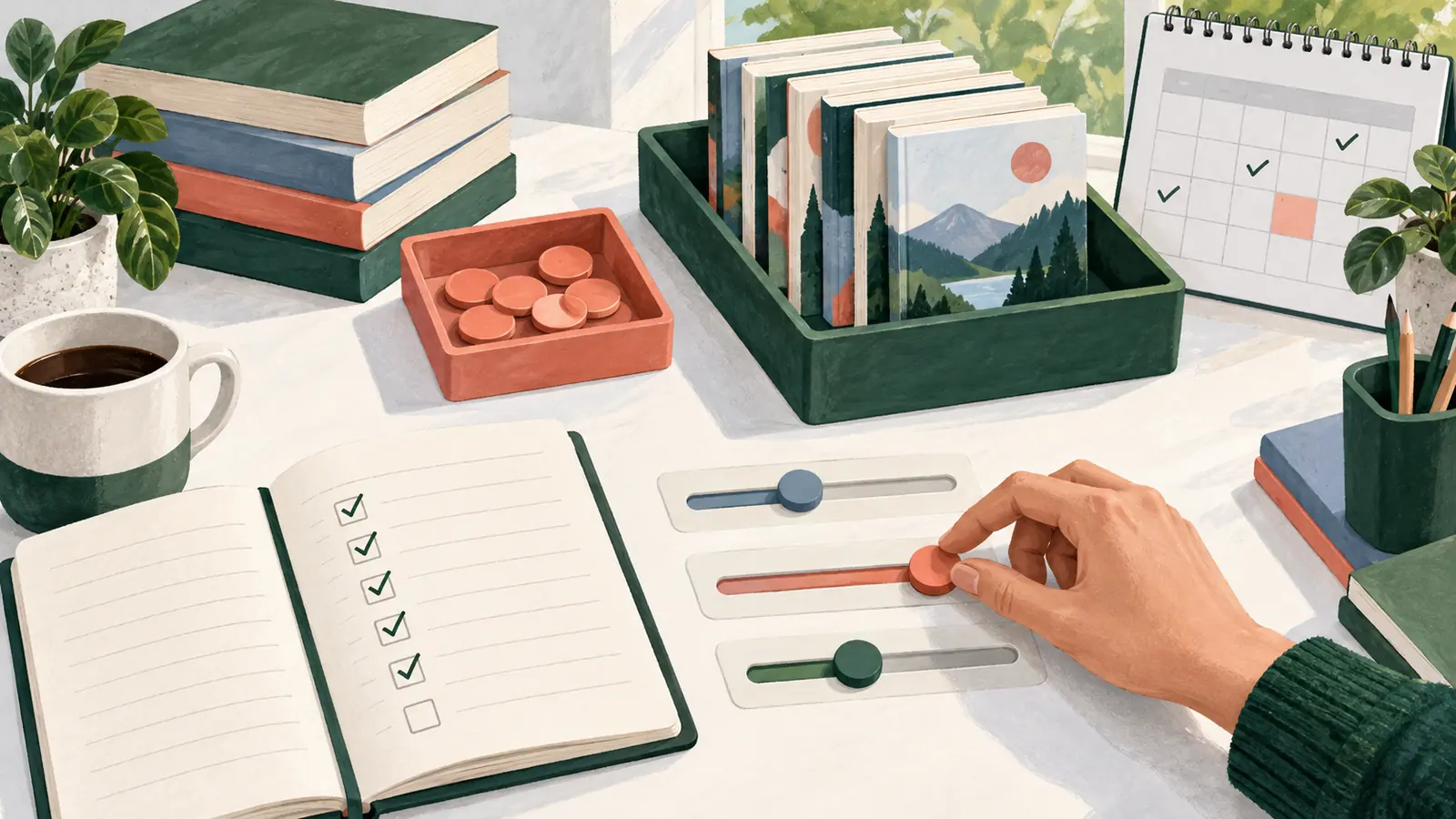 A hand adjusts one advertising control beside a review planner, spending tokens and books