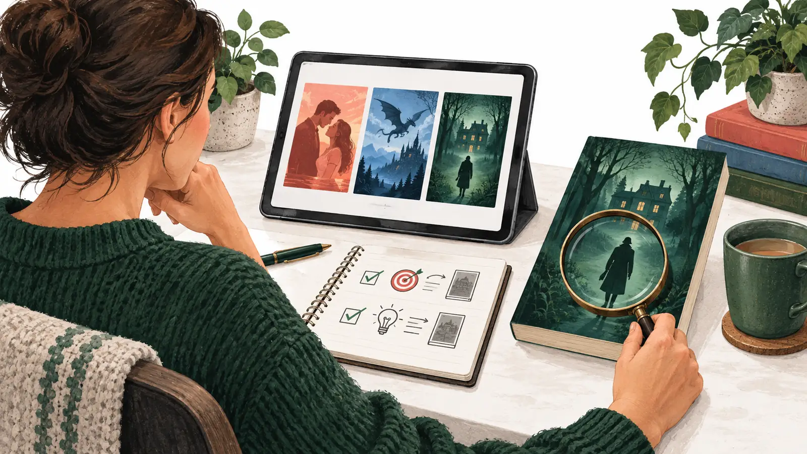 A reader comparing genre-specific book thumbnails while a physical cover is inspected for relevance and clarity