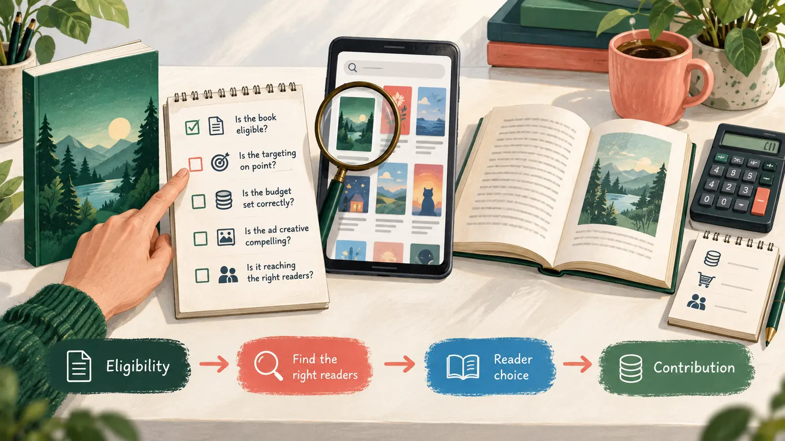 A diagnostic sequence with a book, eligibility checklist, reader discovery screen, open sample and contribution ledger