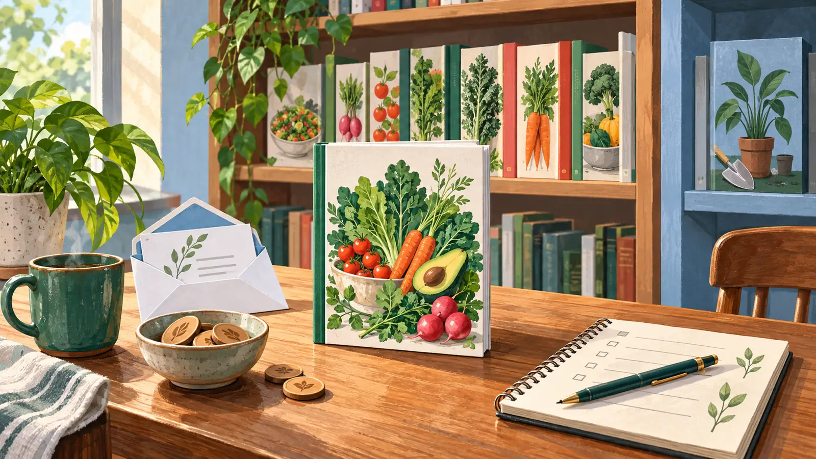 A cookbook sits beside a relevant shelf, reader newsletter, modest spending allowance and outcome journal