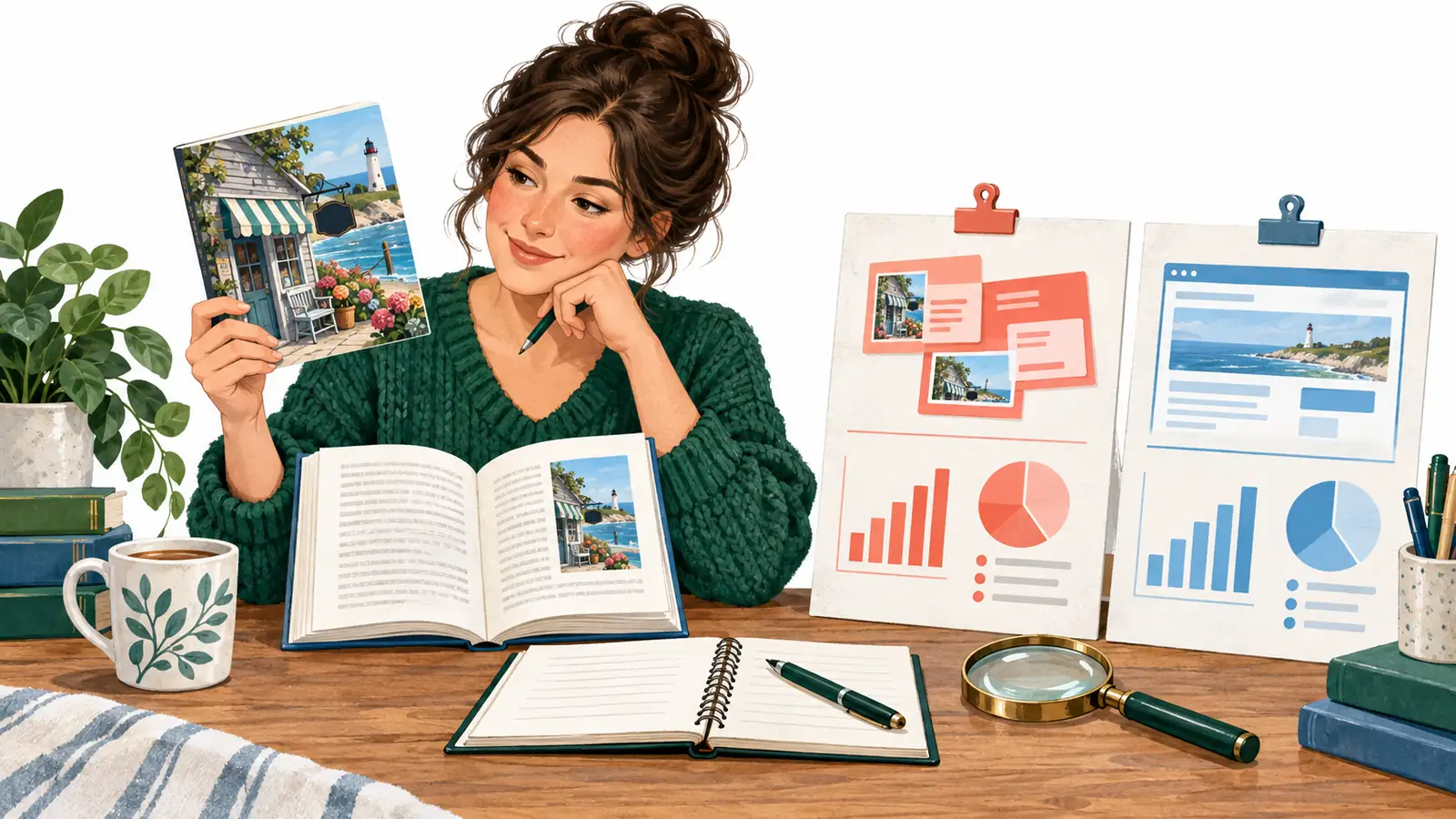 An author compares a mystery cover and sample beside separate advertising and website measurement sheets