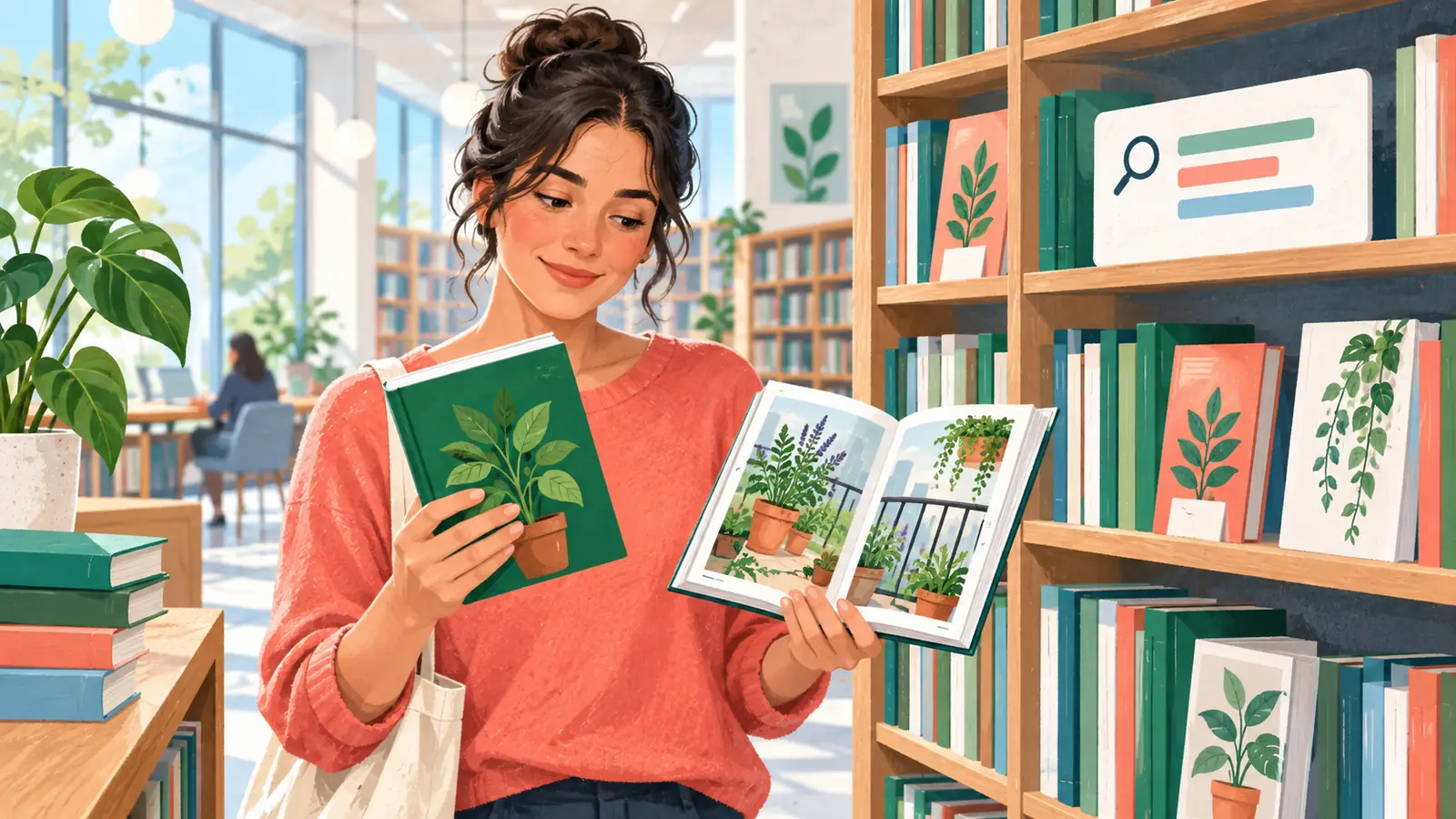 A reader compares a gardening book and sample that match a specific balcony-growing interest