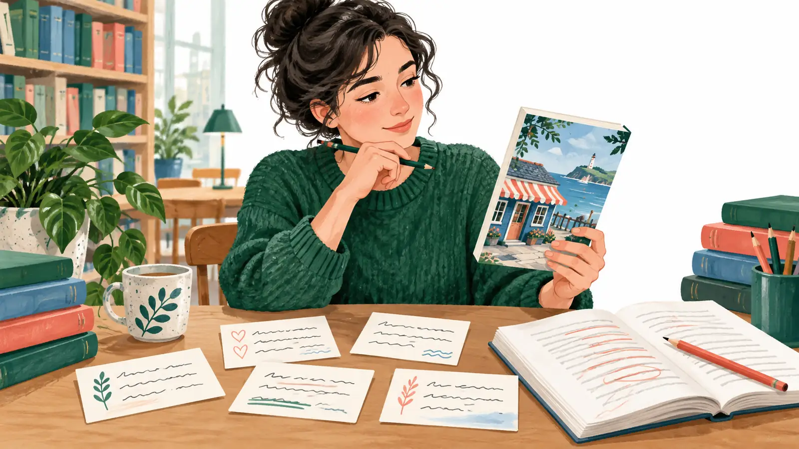 A reader considers a seaside mystery beside independent feedback cards, an open manuscript and an editing pencil