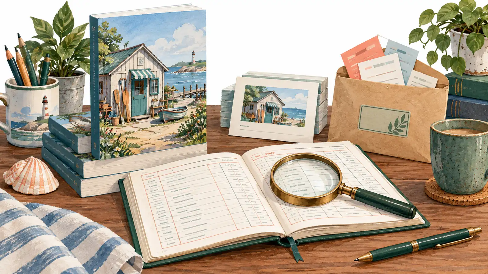 A seaside mystery paperback beside edition cards, an order ledger and a promotion expense envelope