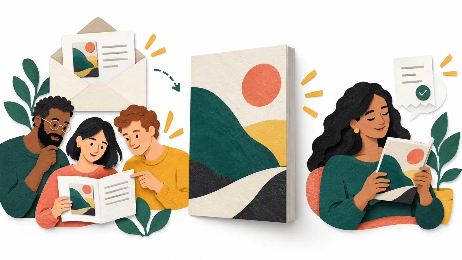 Editorial illustration of a book reaching a small group of interested readers through a reading sample and newsletter