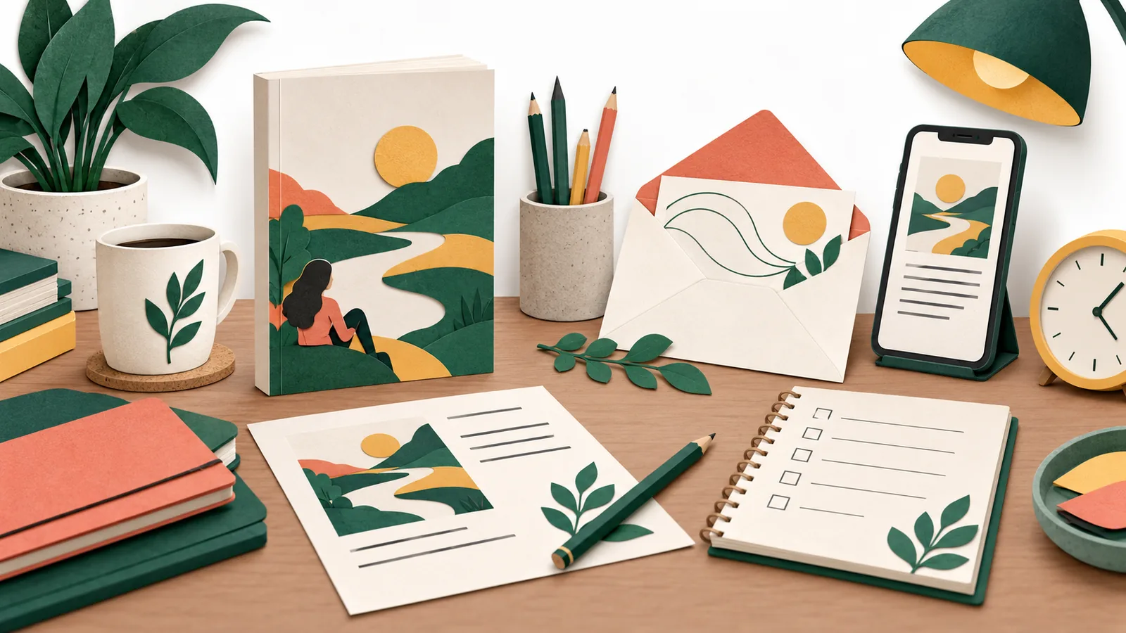 An author's existing book, sample page, invitation and phone demonstration arranged beside a time-budget checklist