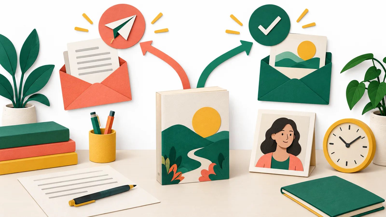 An author profile, book and submission envelopes showing the difference between applying and receiving a placement