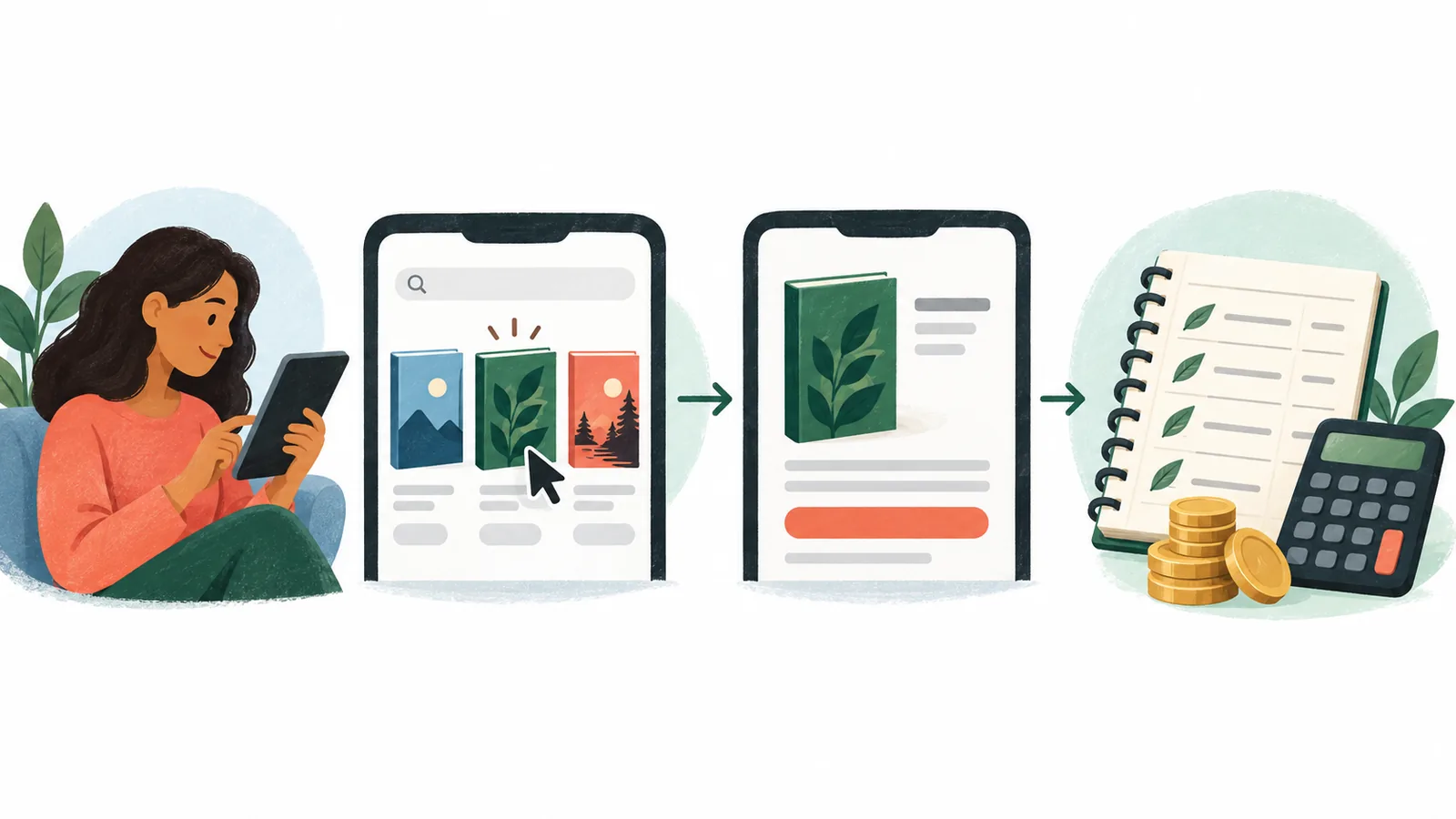 A reader's journey from book discovery through a selected listing and detail page to a separate spending and royalty ledger