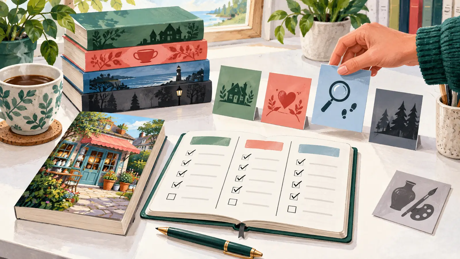 An author compares candidate shelf cards with a fiction book and rejects an unrelated instructional topic