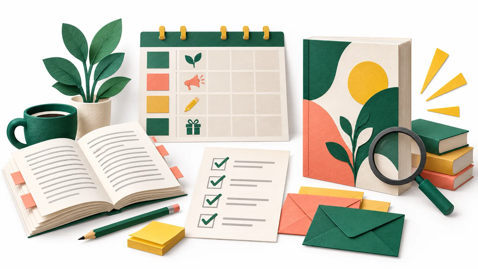 Editorial illustration of a paperback, manuscript, release calendar and checked preparation tasks
