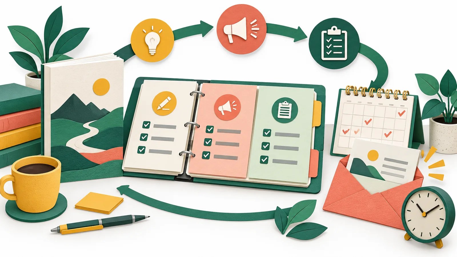 An organized book marketing workbench with recurring checklists, a calendar, an envelope and a clock