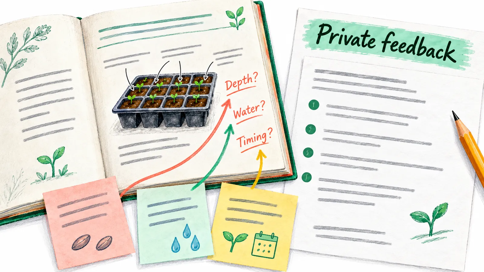 Reader questions about depth, water and timing are linked to a fictional seed-starting diagram and a revised instruction sheet