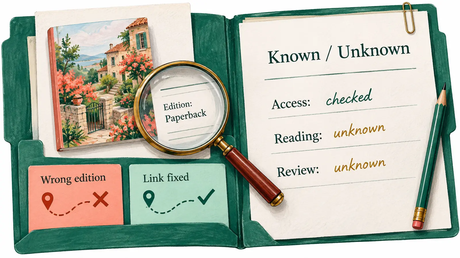 A diagnostic folder separates a corrected edition link from unknown reading and review outcomes, with a magnifying glass checking the book format.