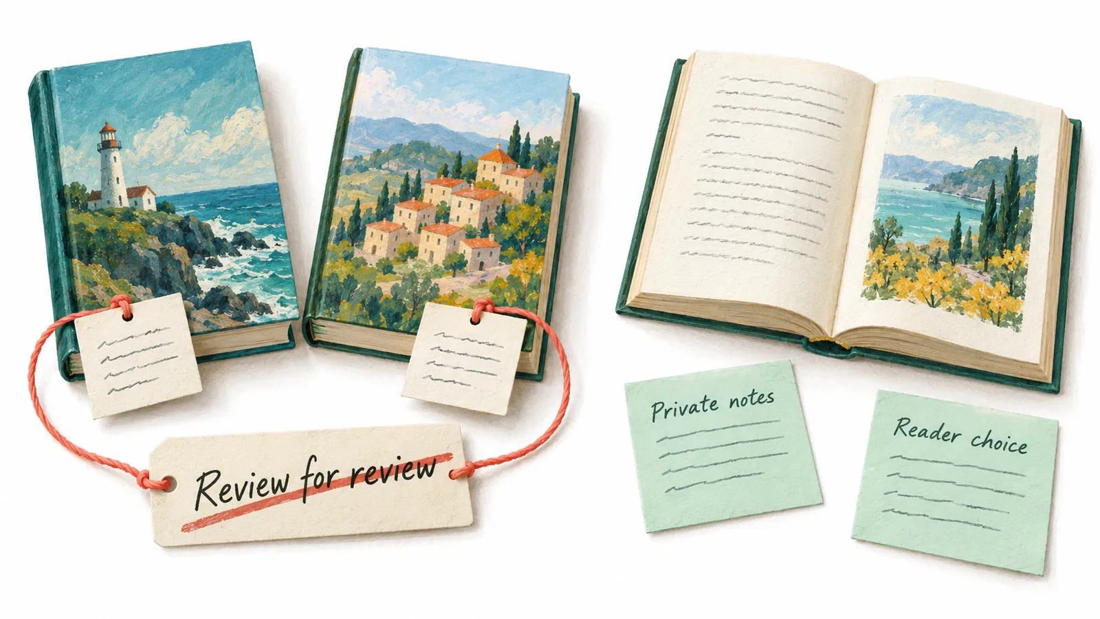 Two books linked by a review-for-review string contrast with an open book and unconnected private-notes and reader-choice cards