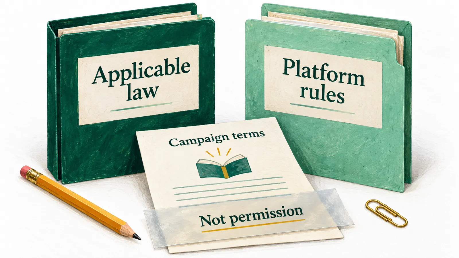 Separate folders for applicable law and platform rules stand behind campaign terms and a translucent disclosure note
