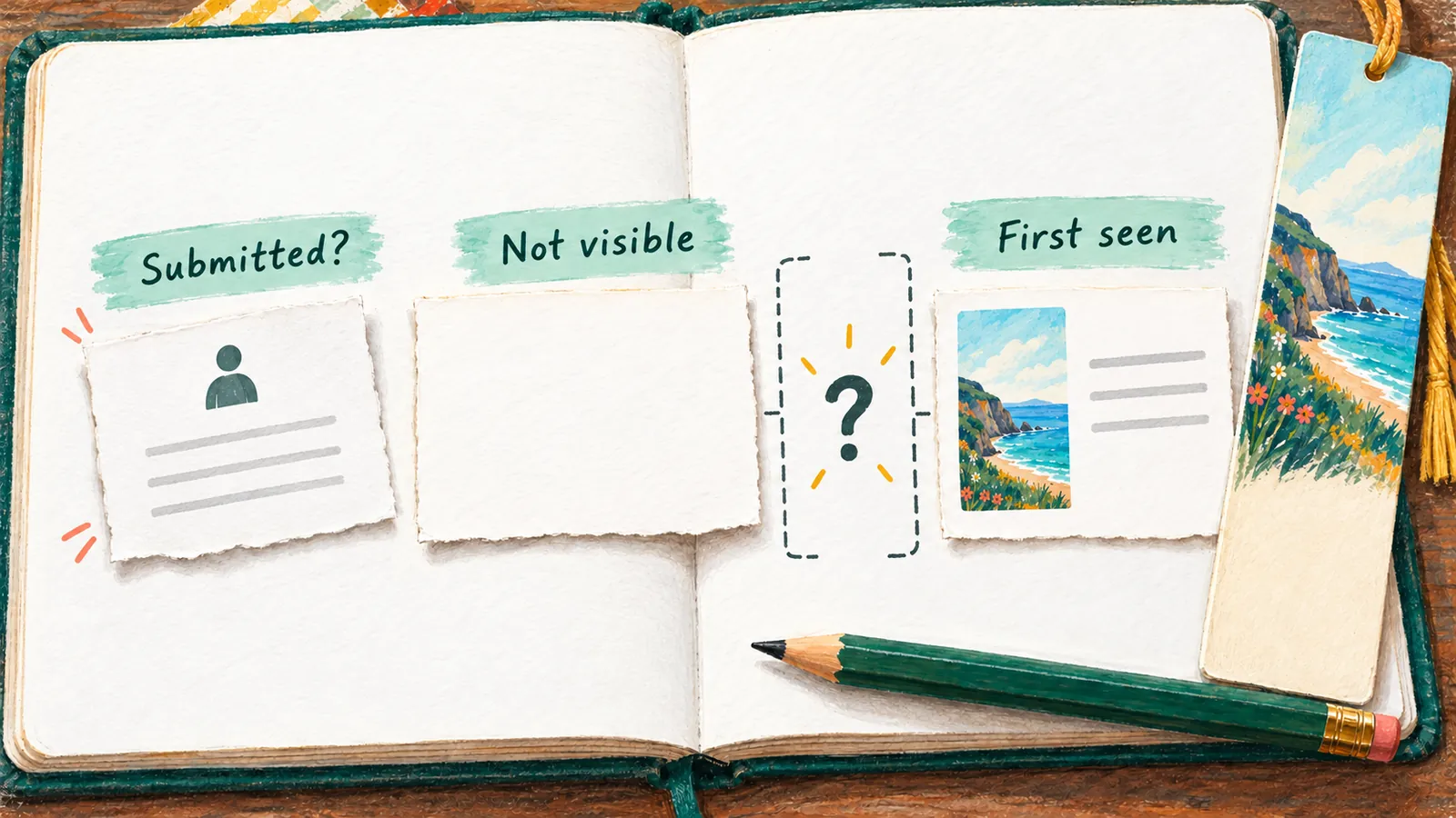 Three notebook cards separate a reported submission, a not-visible observation and first sight of a review with an unknown gap between checks