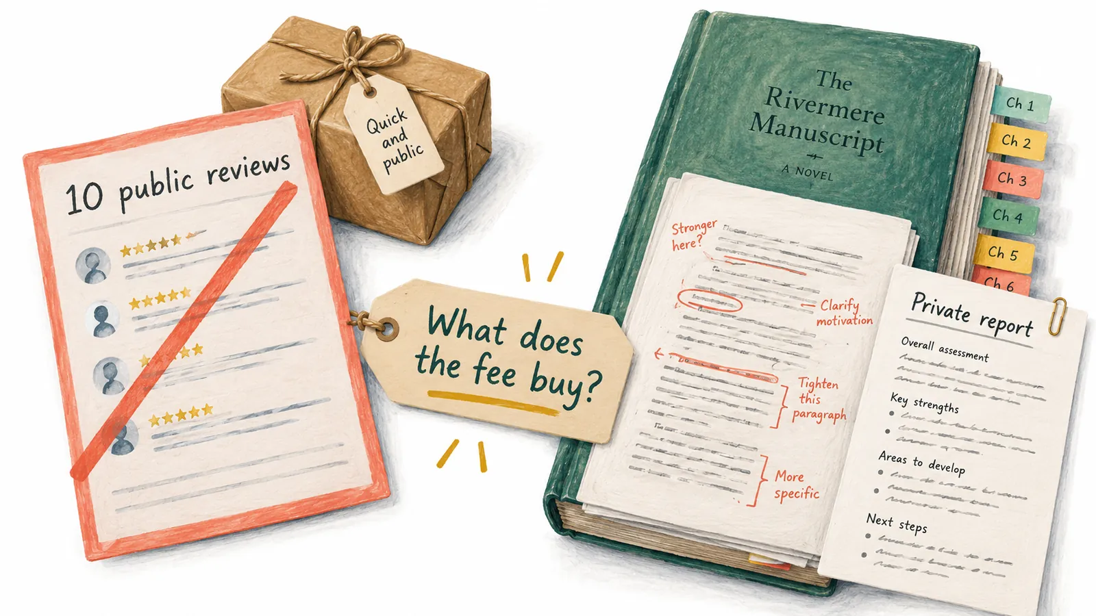 A crossed-out public-review package contrasts with an annotated manuscript and a defined private reading report