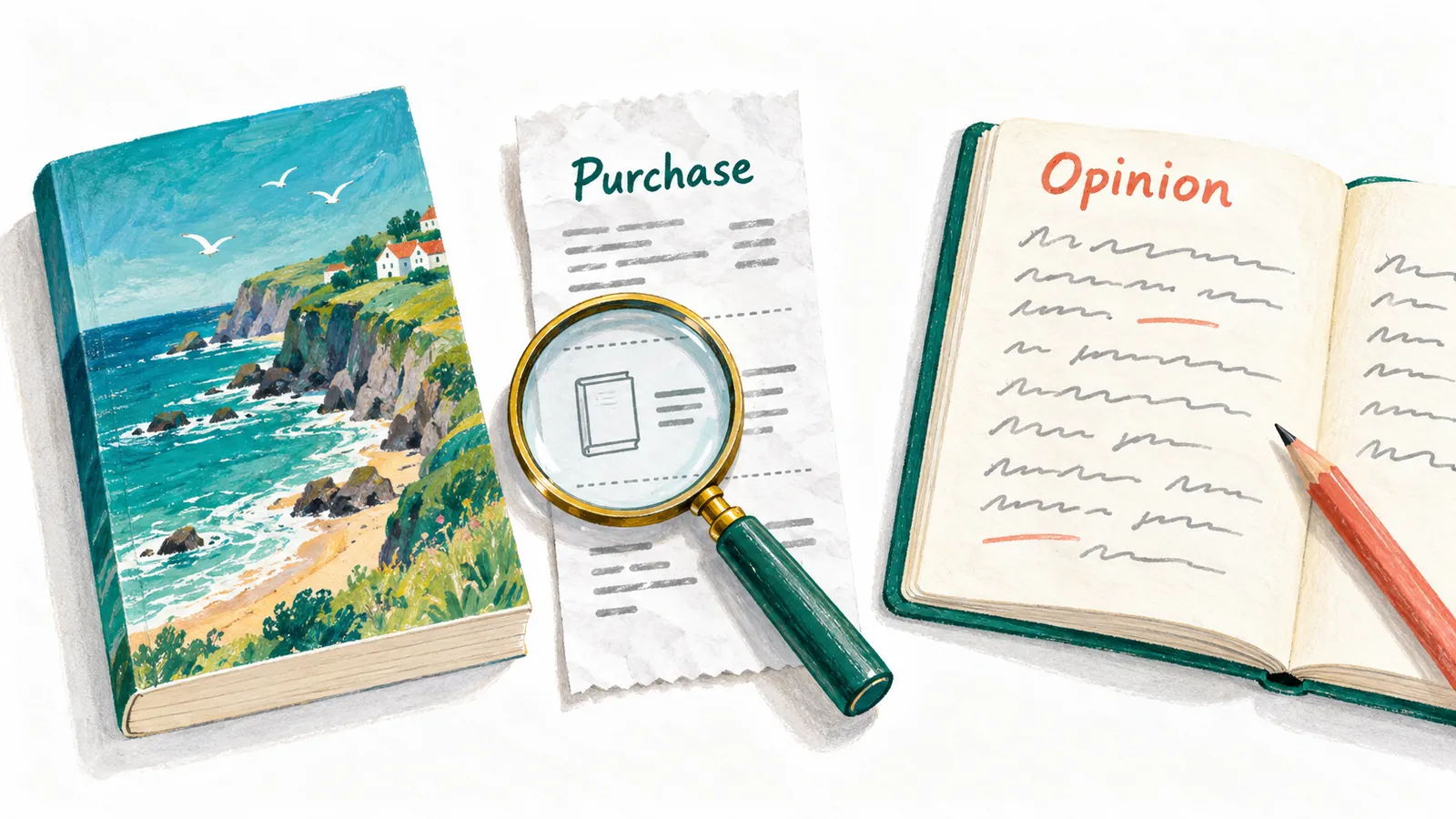 A magnifying glass examines a book purchase receipt separately from a reader's handwritten opinion notebook