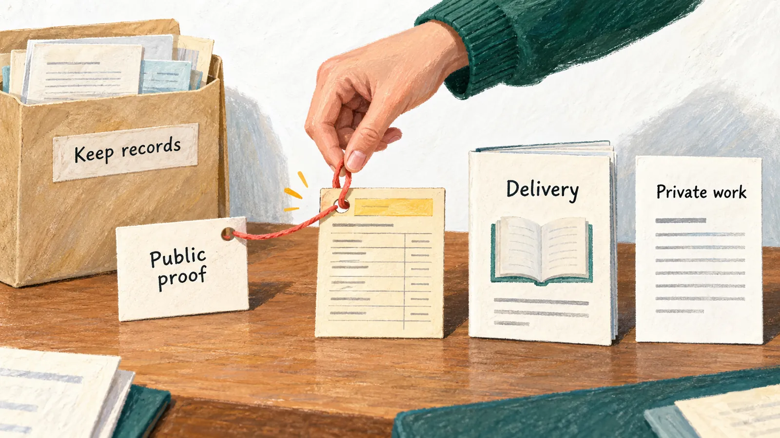 A hand unhooks the public-proof link from a benefit record while delivery and private work remain separate and old records are retained