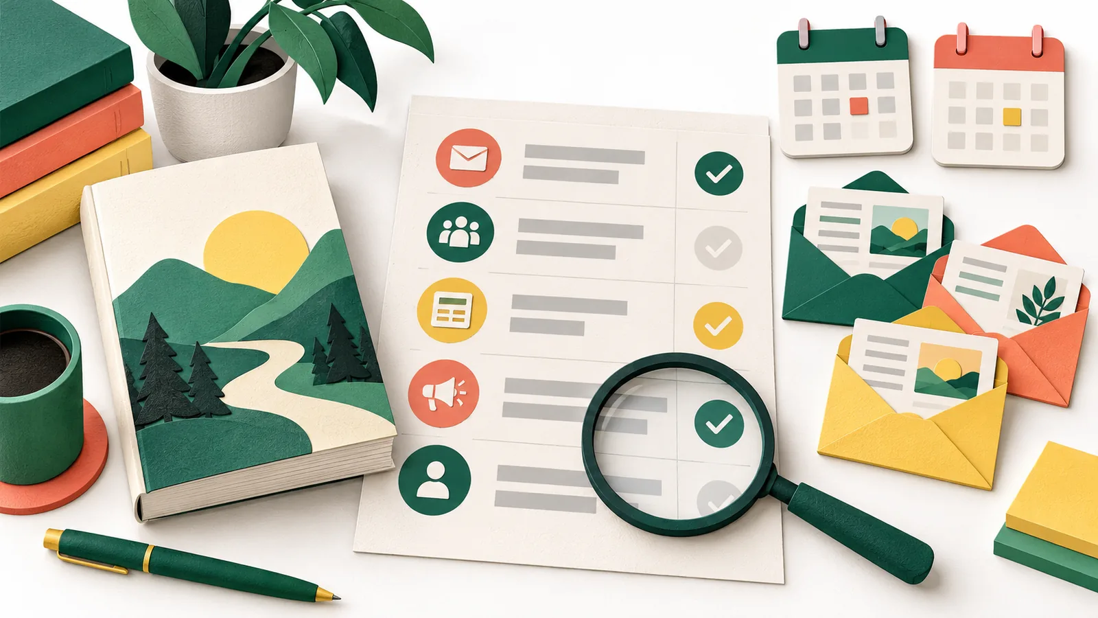 A book beside a magnifying glass, comparison sheet, newsletter envelopes and promotion calendars