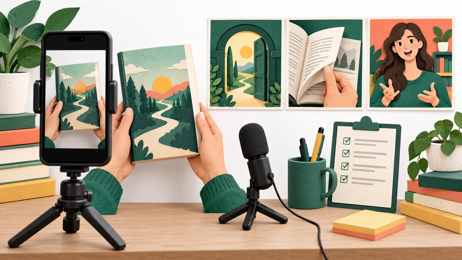 Hands showing an original book to a vertical filming setup beside a microphone and three short-video storyboard panels
