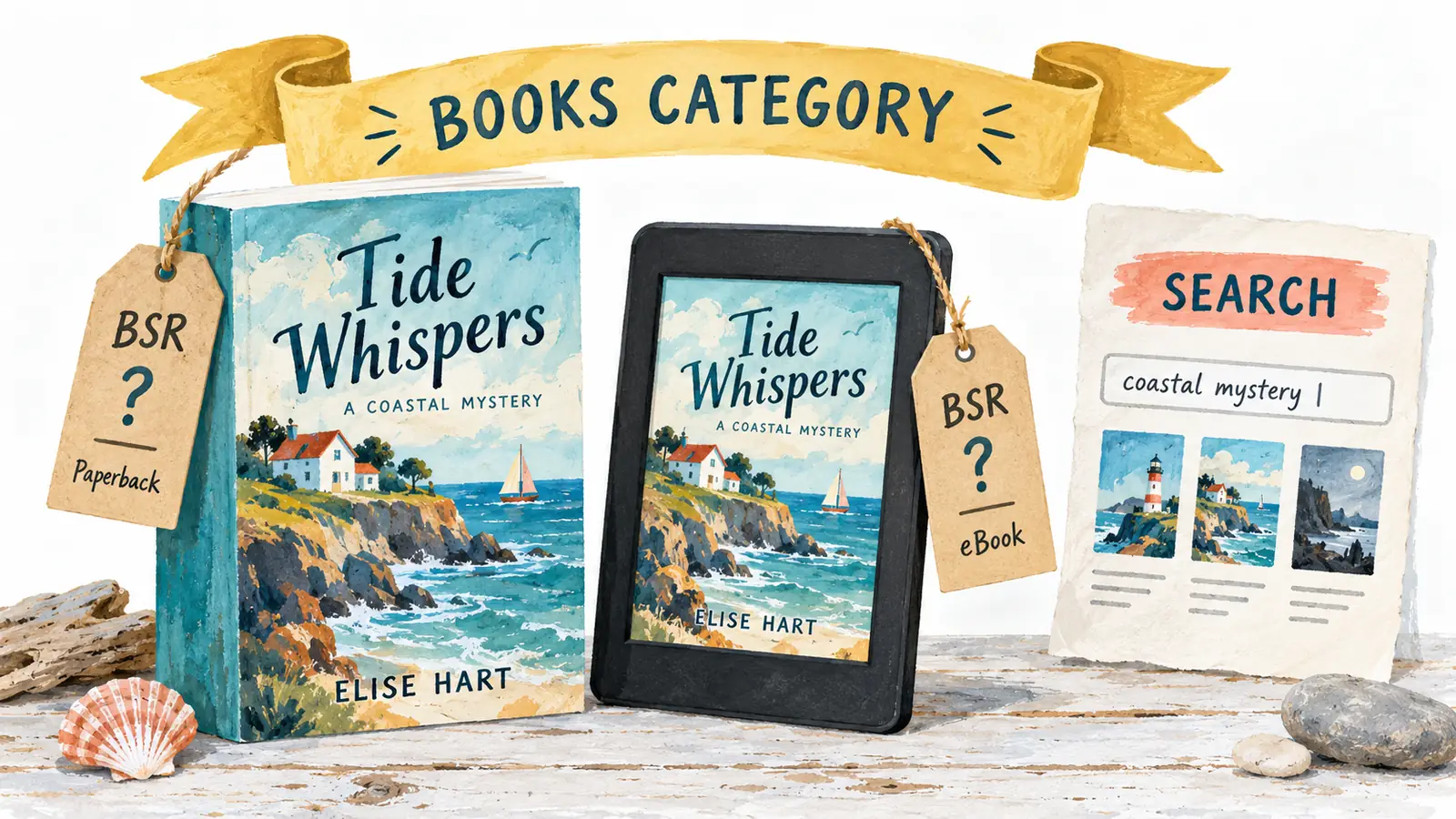 A paperback and eBook with separate BSR tags, a Books category ribbon and a separate query observation
