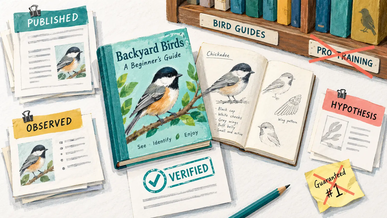 A beginner bird guide and matching manuscript beside published, observed and hypothesis records