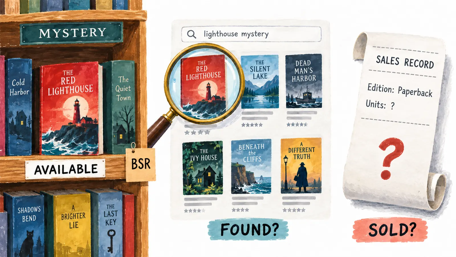 A mystery book on a shelf, a sampled search result and a separate unknown sales record